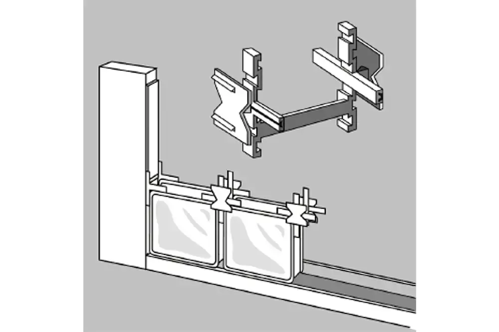 玻璃磚｜玻璃磚案例｜玻璃磚施工流程4-依據玻璃磚規格亟欲呈現之縫寬選用玻璃磚專用固定架，並間隔放置於適當位置。